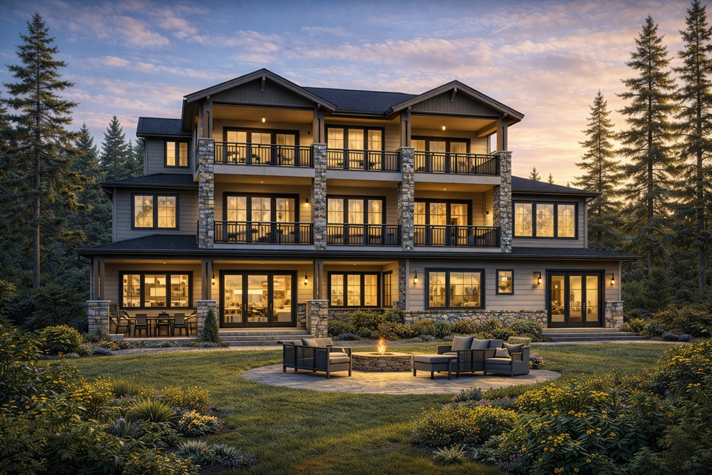 Luxury modern farmhouse exterior of the Aurelia Grand 3-story home with stone accents, double garage, balconies, and landscaped driveway at sunset.