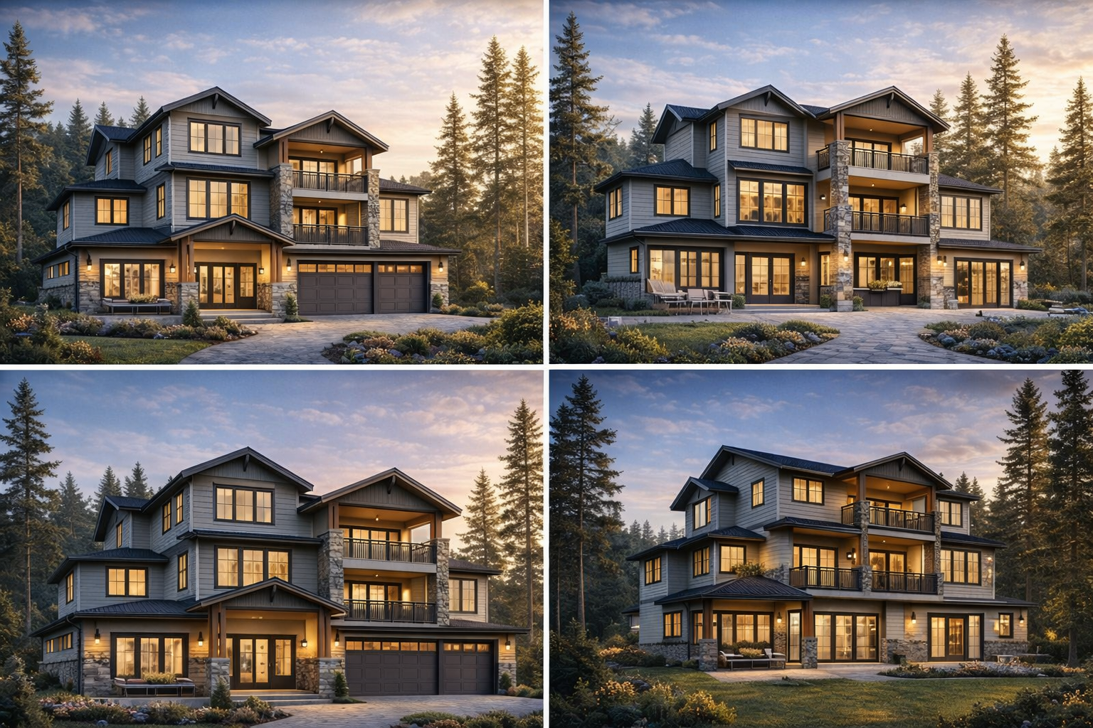 Luxury modern farmhouse exterior of the Aurelia Grand 3-story home with stone accents, double garage, balconies, and landscaped driveway at sunset.
