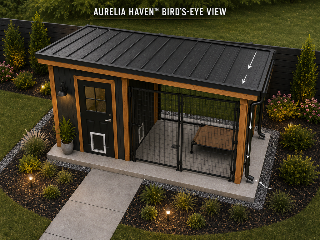 Aurelia Haven AH-1510 bird’s-eye view of luxury dog kennel plans showing indoor dog room, covered outdoor run, black metal roof, concrete slab, walkway, drainage border, gutters, downspouts, and landscaped yard.
