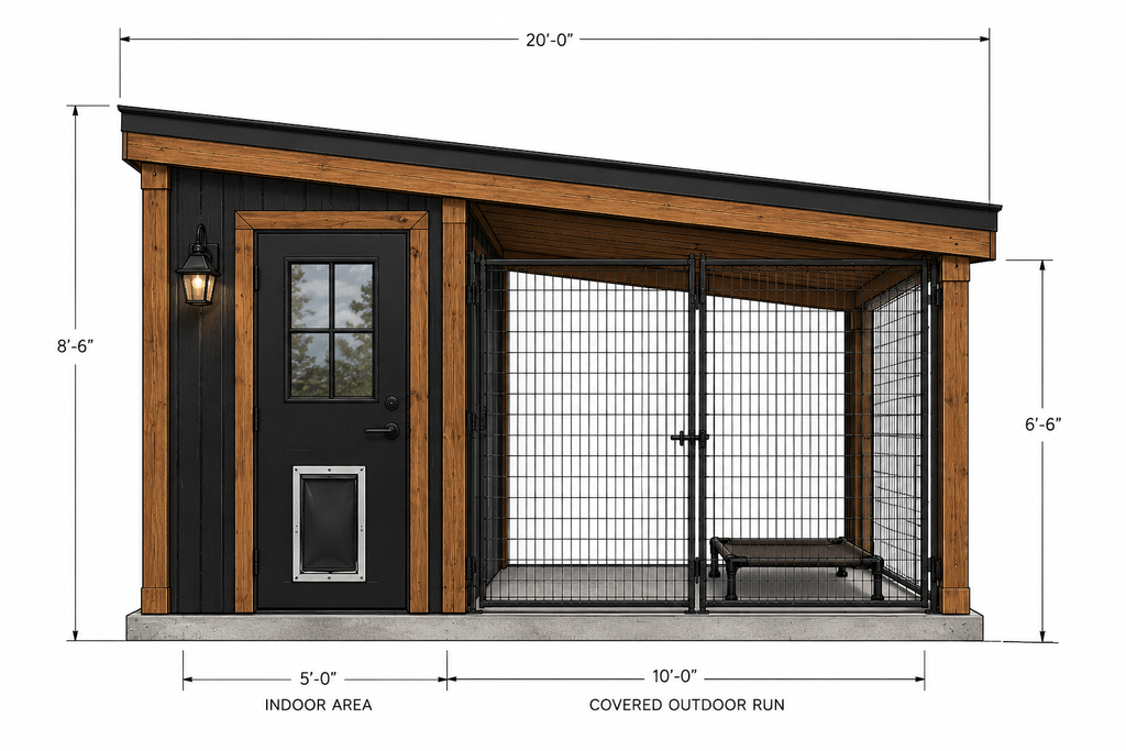 Dimensioned front elevation render of Aurelia Haven™ dog kennel showing indoor dog room, covered dog run, black siding, cedar trim, doggie door, exterior light, kennel gate, and concrete base.