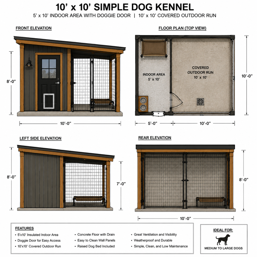 Aurelia Haven AH-1510 conceptual dog kennel floor plan and elevation sheet showing indoor dog room, covered outdoor run, doggie door access, raised dog cot, floor drain, stainless steel bowls, and builder-friendly kennel layout.