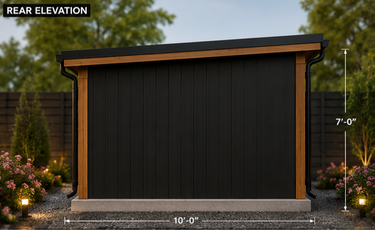 Aurelia Haven dog kennel rear elevation renders with modern black vertical siding, cedar corner trim, black shed-style metal roof, gutter and downspout system, concrete base, and clean backyard kennel exterior.