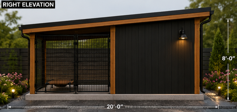 Aurelia Haven modern dog kennel right elevation render showing black siding, cedar trim, covered dog run panels, secure gate, exterior wall light, concrete slab base, roof overhang, and luxury backyard kennel design.