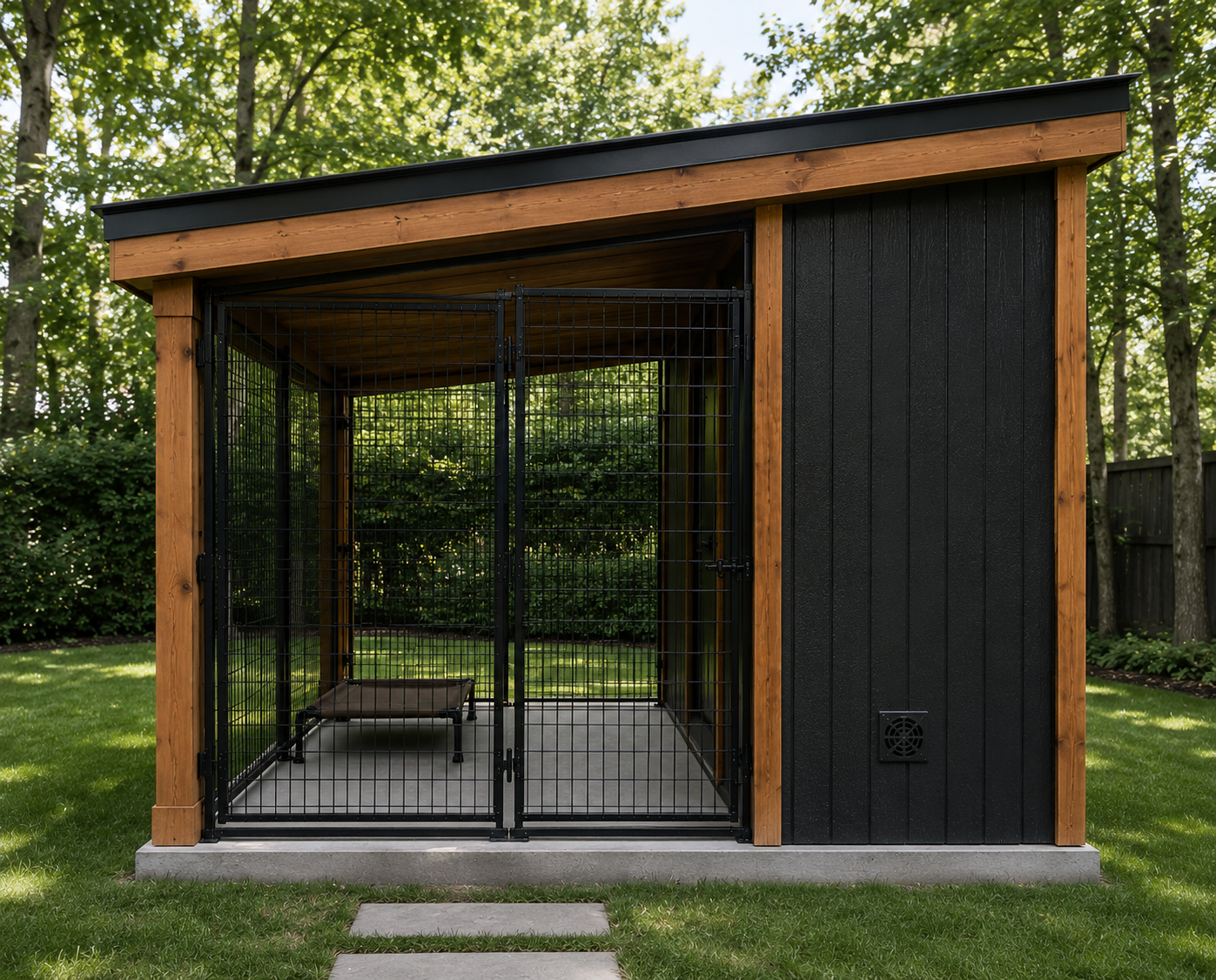Conceptual dog kennel floor plan and elevation sheet for Aurelia Haven™ AH-1510 showing a 5’ x 10’ indoor dog room connected to a 10’ x 10’ covered outdoor run with doggie door access, raised dog cot, stainless steel feeding bowls, concrete floor drain, kennel gate, powder-coated panels, front elevation, side elevation, rear elevation, roof slope, concrete base, and modern exterior material references. This image supports builder communication, planning, budgeting, and layout understanding.
