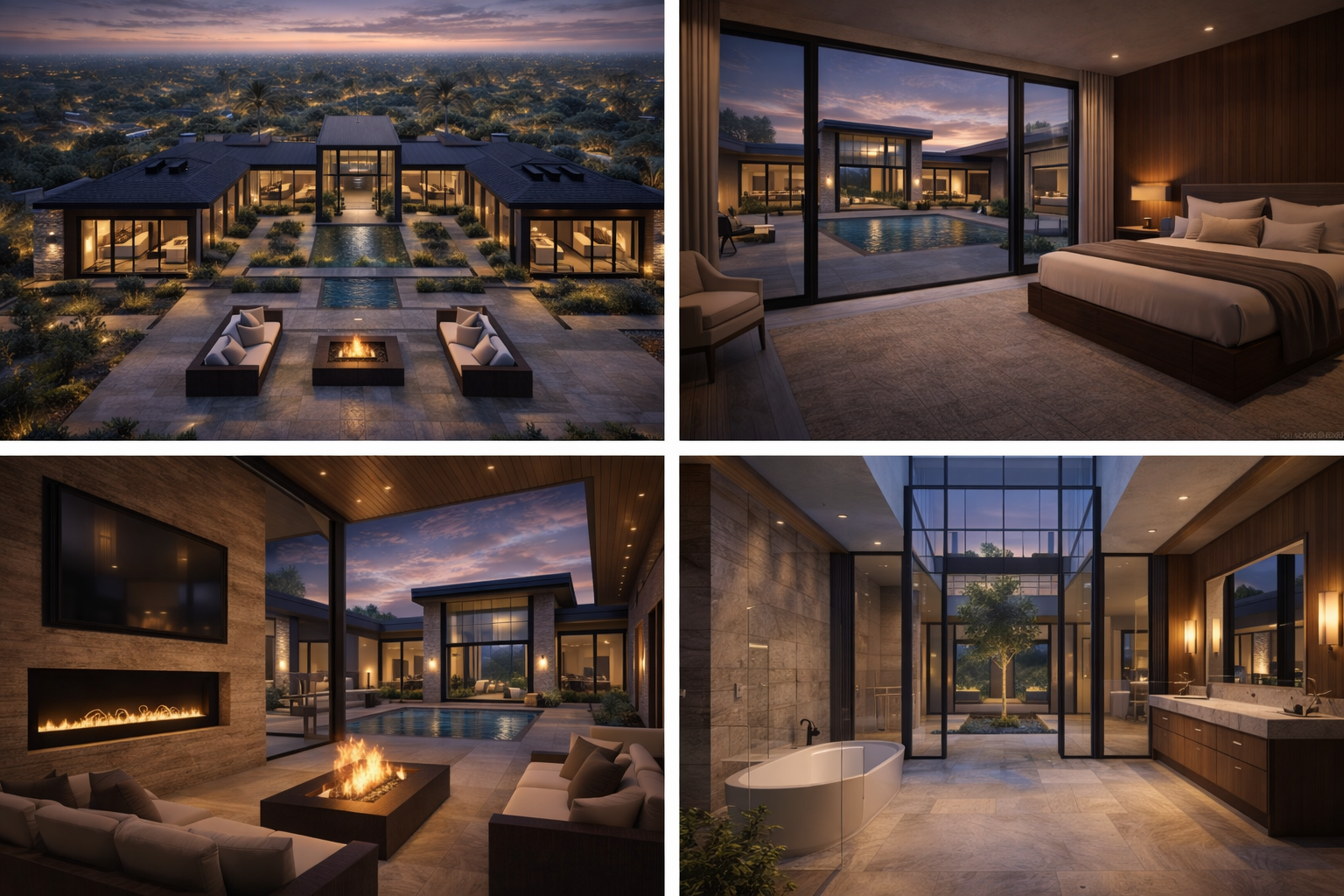 Luxury modern courtyard house at dusk with fire pit lounge, reflecting pool, glass walls, and warm interior lighting showcasing the Aurelia House by Studio Aurelia.