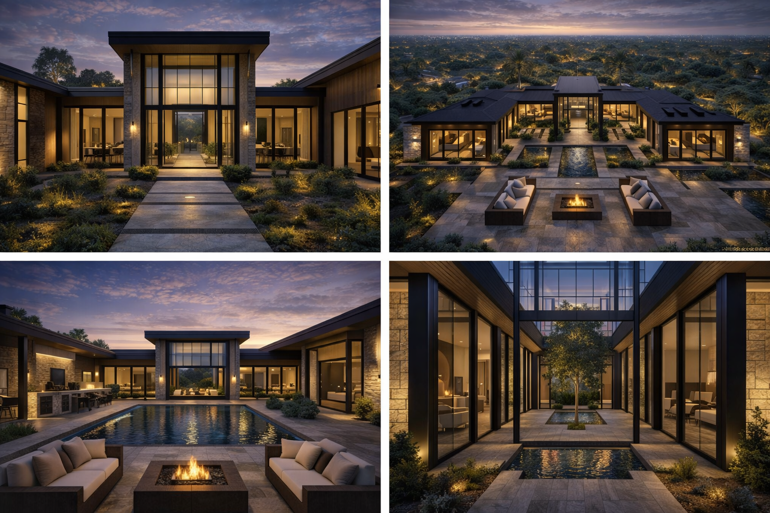 Collage of a modern house exterior with evening lighting, pool, and outdoor seating.