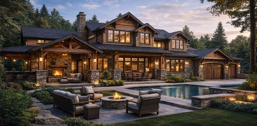 Backyard view of Craftsman estate featuring resort-style pool, fire pit lounge, and covered patio with fireplace.