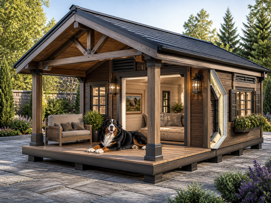 Farmhouse custom dog house with wooden siding, black roof, cozy porch, decorative windows, storage section, and personalized outdoor dog shelter.