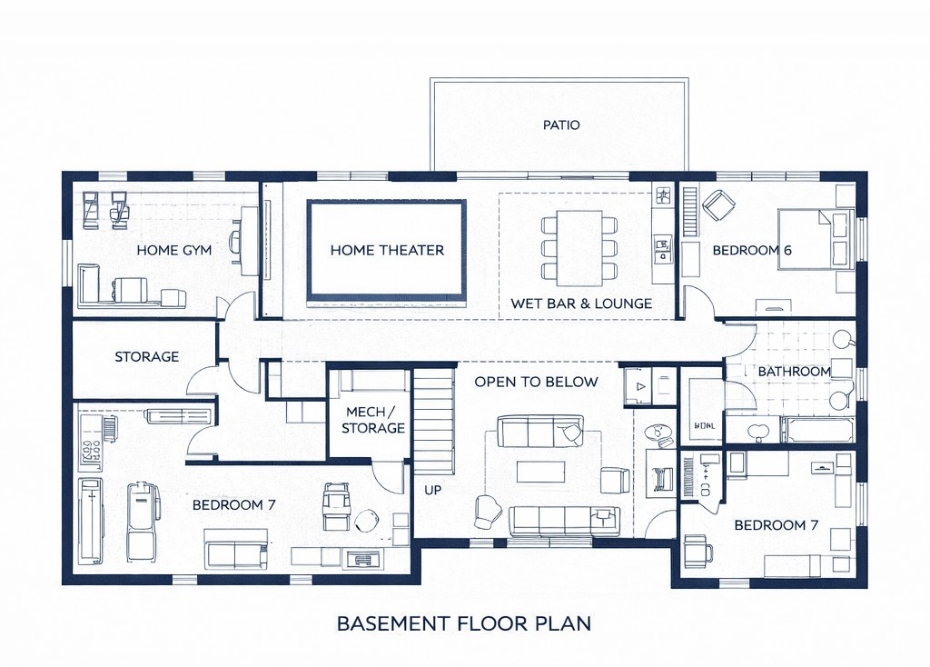 Basement floor plan of the Aurelia Grand home featuring home theater, wet bar lounge, home gym, guest suite, bathroom, storage, and patio walkout.