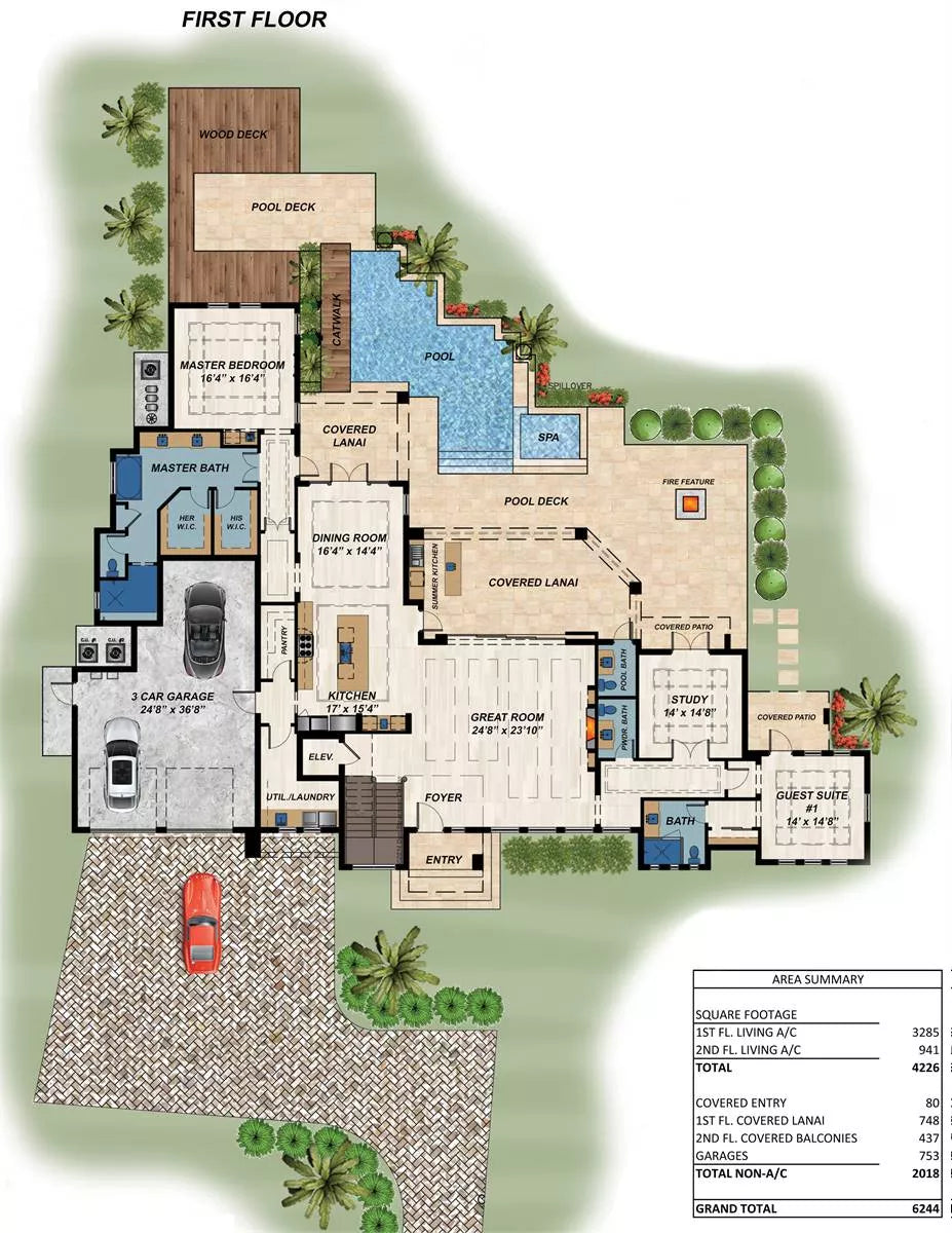 Color floor plan of luxury courtyard home with pool deck, garage, guest suite, and open living areas.