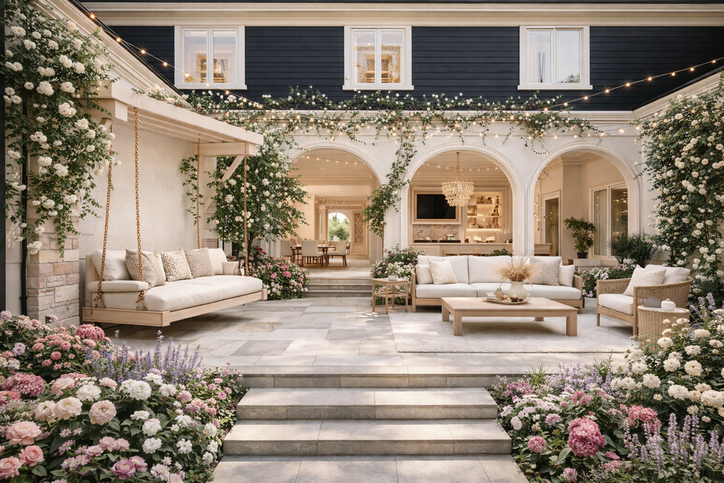 Elegant secondary courtyard with luxury garden seating, dark modern estate architecture, private outdoor living space, romantic home design, and high-end courtyard blueprint inspiration