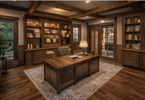 Craftsman home office with custom wood built-ins, desk, and warm natural lighting.