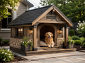 Custom luxury dog house with covered porch, personalized name sign, outdoor pet shelter design, wood siding, black roof, storage options, and premium backyard dog house style.