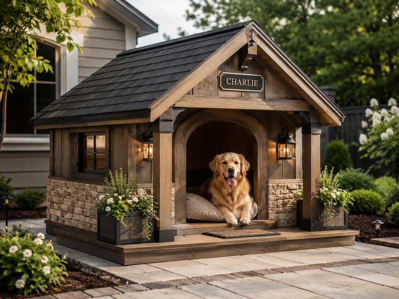 Custom luxury dog house with covered porch, personalized name sign, outdoor pet shelter design, wood siding, black roof, storage options, and premium backyard dog house style.