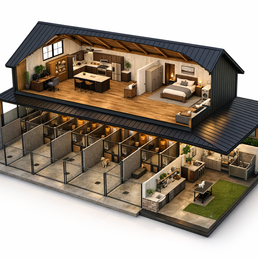 Cutaway 3D dollhouse view of luxury dog kennel barn with loft apartment, indoor kennels, outdoor runs, grooming room, office, and kitchen living space