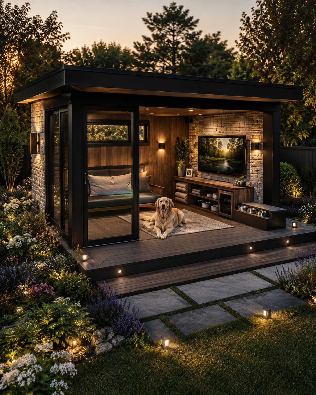 Custom dog house for large dogs with outdoor porch, weather-resistant roof, premium wood finish, black accents, and luxury pet retreat design.