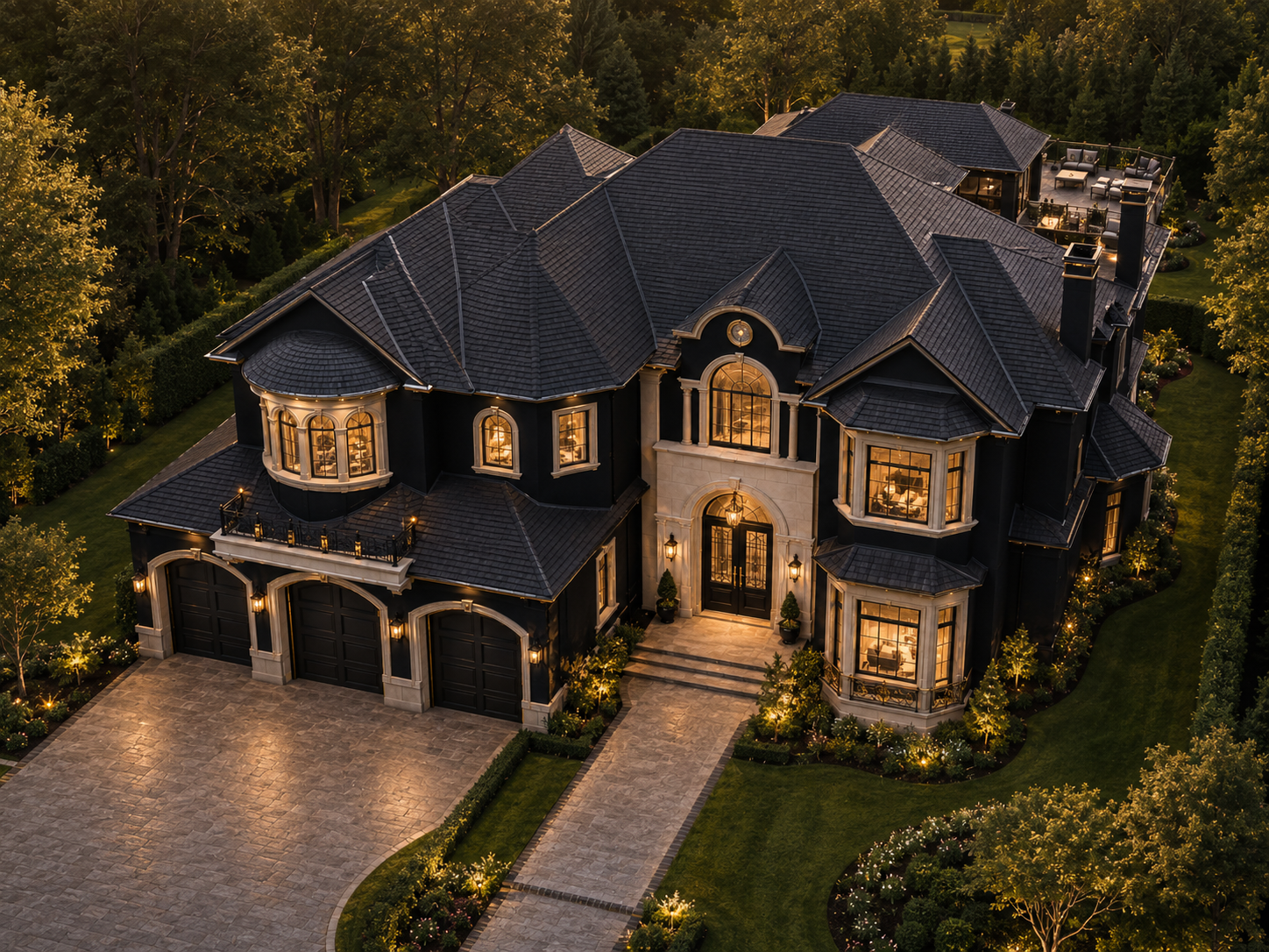 Aerial view of a luxurious house with illuminated windows at dusk. Magnolia Estate Manor Signature Estate Planning System digital download featuring luxury mansion floor plans, printable 11x17 sheets, budget workbook, CAD files, and professional worksheets