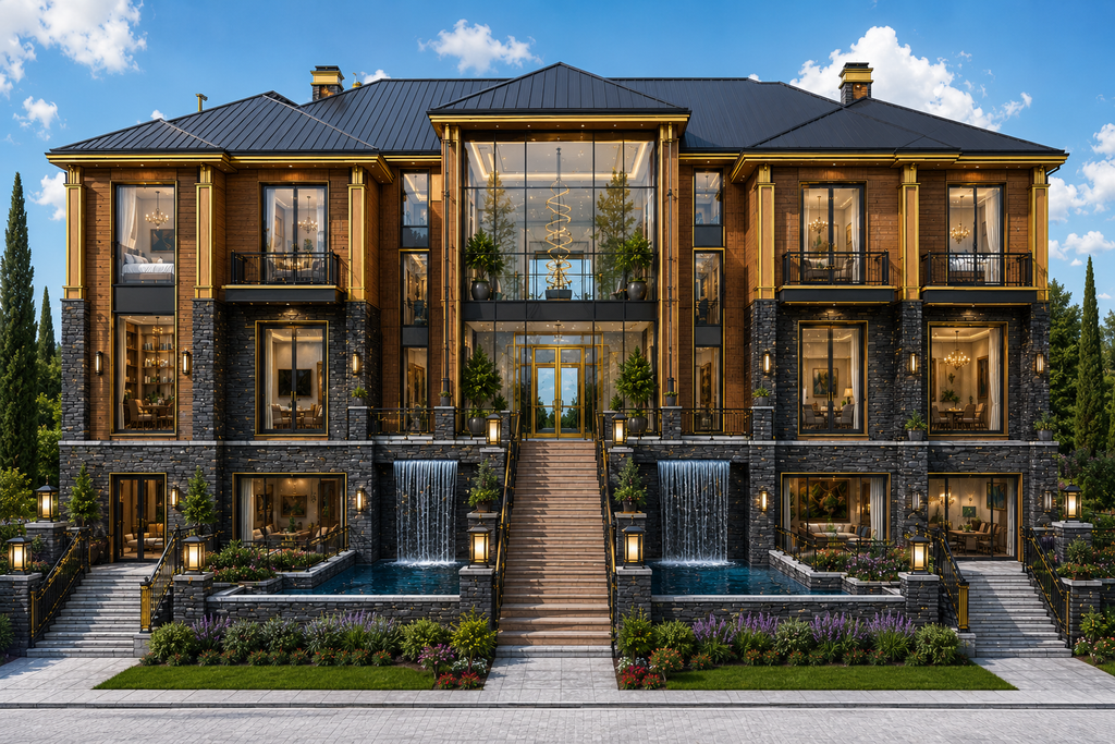 Luxurious mansion with water features and elegant design. Own One of the Most Distinctive Luxury Estate Concepts Available Today — Featuring a Grand Glass Atrium, Waterfall Entry Experience, Resort-Level Amenities, and Over 18,500 Square Feet of Architectural Excellence.