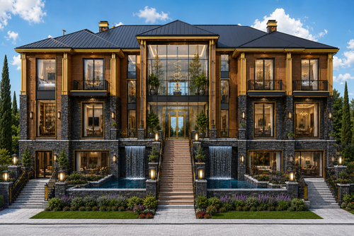 Luxurious mansion with water features and elegant design. Own One of the Most Distinctive Luxury Estate Concepts Available Today — Featuring a Grand Glass Atrium, Waterfall Entry Experience, Resort-Level Amenities, and Over 18,500 Square Feet of Architectural Excellence.