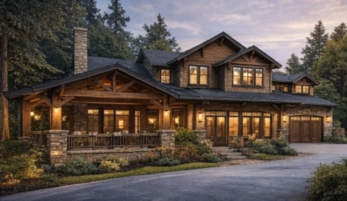 Front exterior of a luxury Craftsman lodge home with timber beams, stone columns, and covered porch entry.