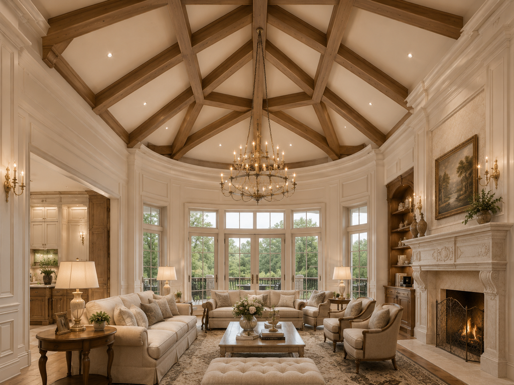Luxurious living room with high ceiling, fireplace, and large windows. Studio Aurelia Plans Magnolia Estate Manor luxury home design concept with mansion blueprint PDF, CAD files, and estate planning bundle.