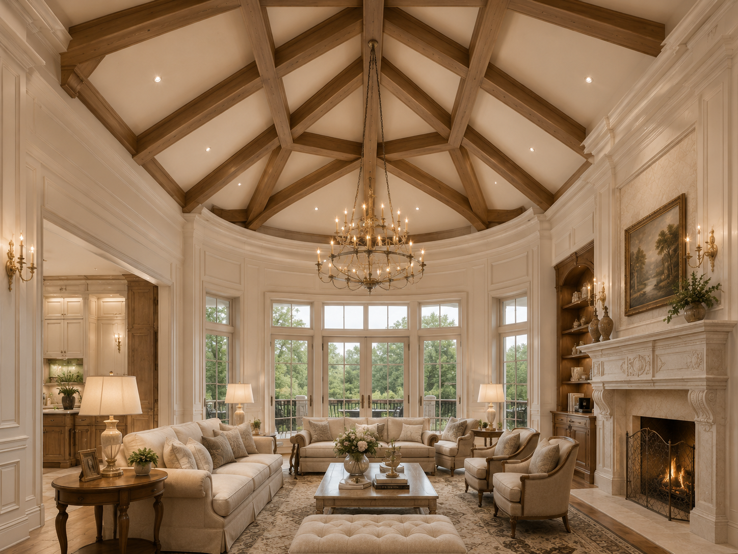 Luxurious living room with high ceiling, fireplace, and large windows. Studio Aurelia Plans Magnolia Estate Manor luxury home design concept with mansion blueprint PDF, CAD files, and estate planning bundle.