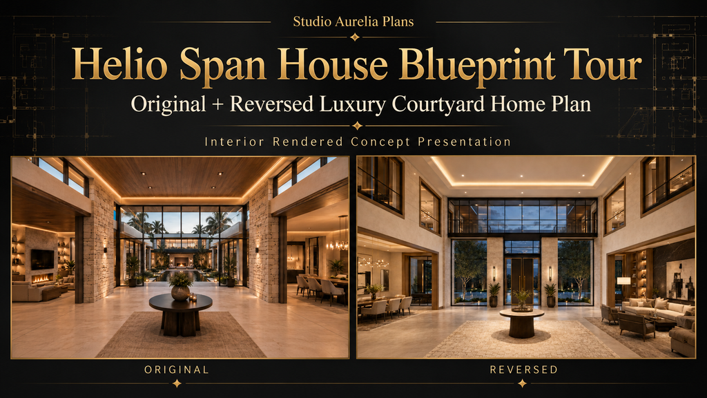 Helio Span House Blueprint Tour presentation with original and reversed luxury courtyard home plan images. Studio Aurelia Plans luxury house plan image showing Helio Span House original and reversed plan editions, modern courtyard mansion design, digital blueprint PDF, architectural concept package, and not-for-construction home plan.