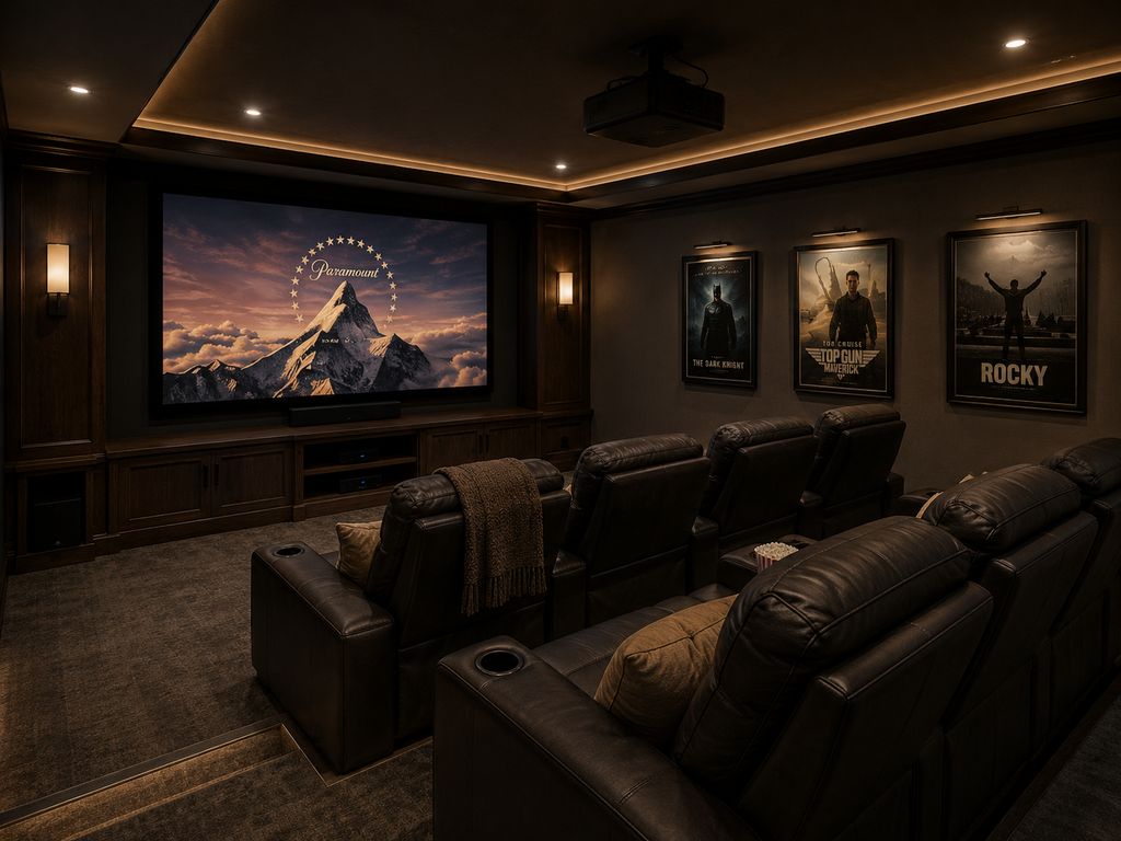 Home theater with movie posters on the wall and a large screen displaying a mountain scene.