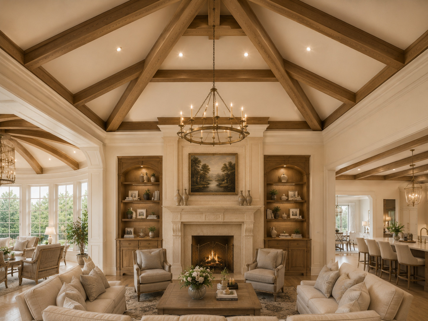 Luxurious living room with wooden beams, fireplace, and elegant furniture. Magnolia Estate Manor mansion exterior elevation inspiration with luxury residential design, formal entry, and estate-style architecture.
