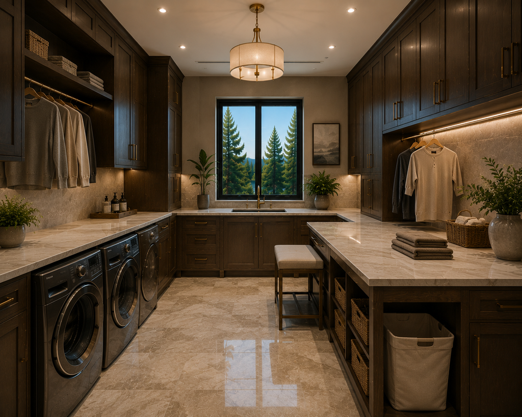 Modern laundry room with dark wood cabinets, washer and dryer, and a large window with a view of trees. Own One of the Most Distinctive Luxury Estate Concepts Available Today — Featuring a Grand Glass Atrium, Waterfall Entry Experience, Resort-Level Amenities, and Over 18,500 Square Feet of Architectural Excellence.