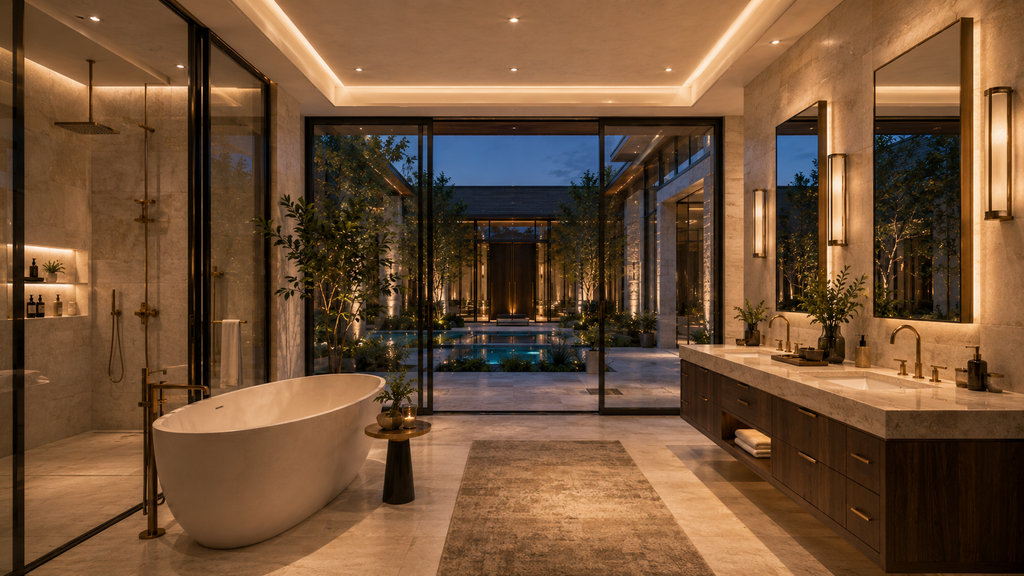 Luxurious bathroom with a freestanding bathtub, large mirrors, and a view of the outdoors. Luxury courtyard house plan presentation for Helio Span House showing original and reversed floor plans, modern mansion architecture, 3-level estate layout, pool courtyard, glass bridge, and conceptual blueprint package.