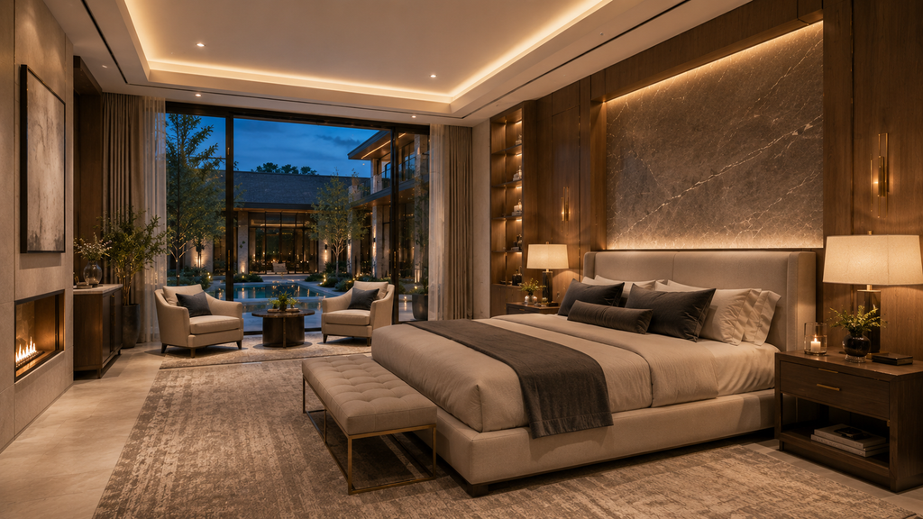 Luxurious bedroom with marble walls, large bed, and modern decor. Reversed Helio Span House interior rendering showing mirrored luxury foyer layout, grand stair, glass walls, courtyard view, warm ambient lighting, contemporary stone finishes, and high-end modern estate design.
