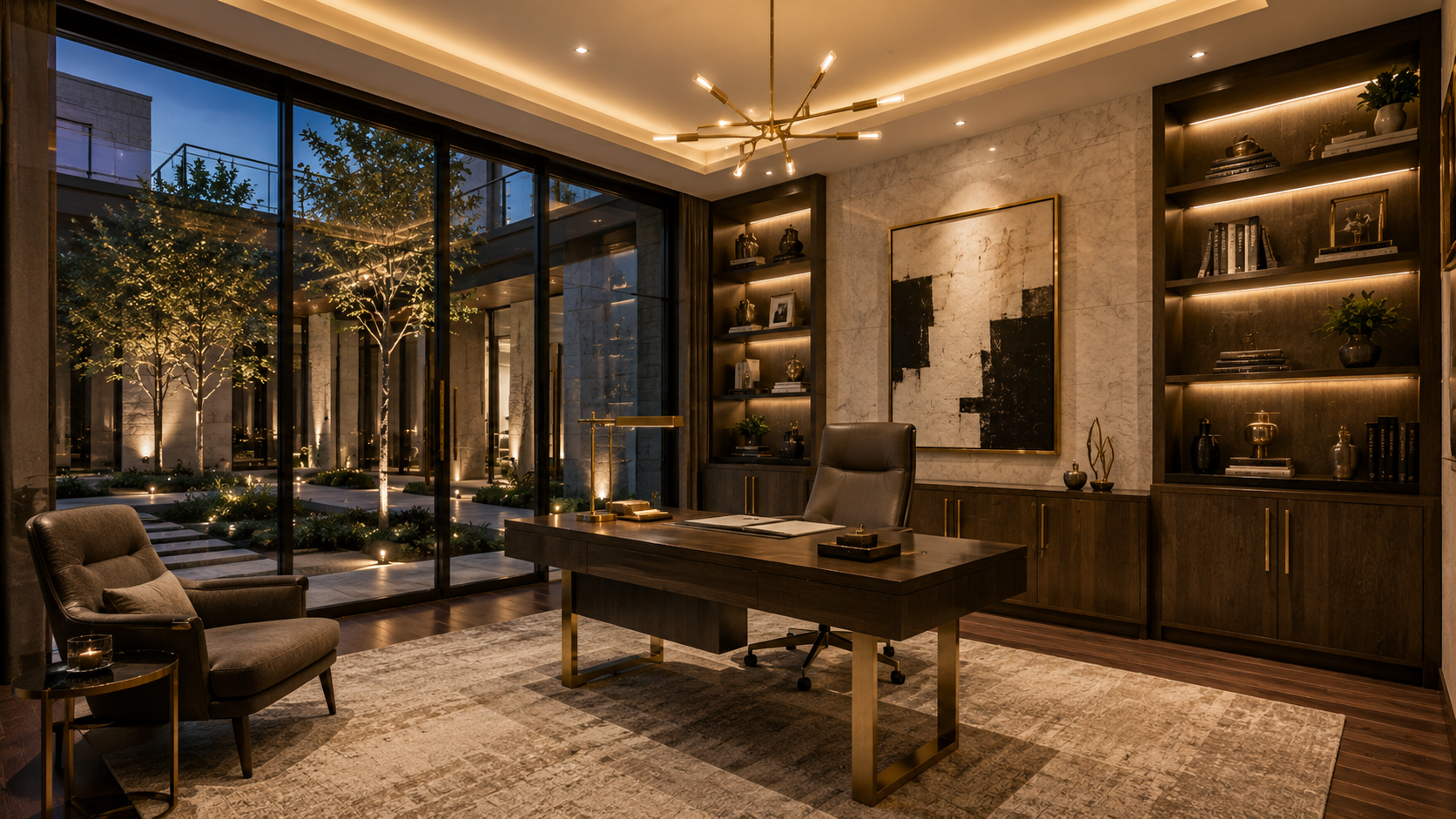 Luxurious office with wooden desk, bookshelves, and large windows overlooking a garden.