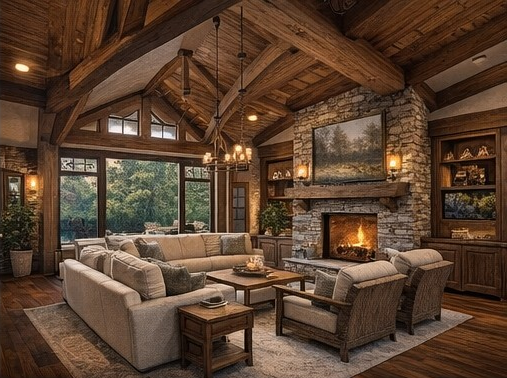 Vaulted great room with timber beams, chandelier, and stone fireplace in luxury lodge interior.