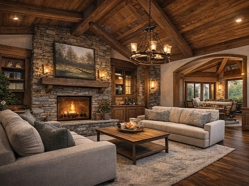 Luxury great room interior with vaulted wood ceilings, stone fireplace, and large windows overlooking nature.
