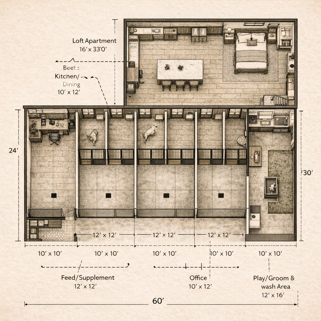 Luxury dog kennel barn floor plan with loft apartment, 6 indoor dog kennels, outdoor concrete runs with drains, grooming room, office and feed room blueprint layout