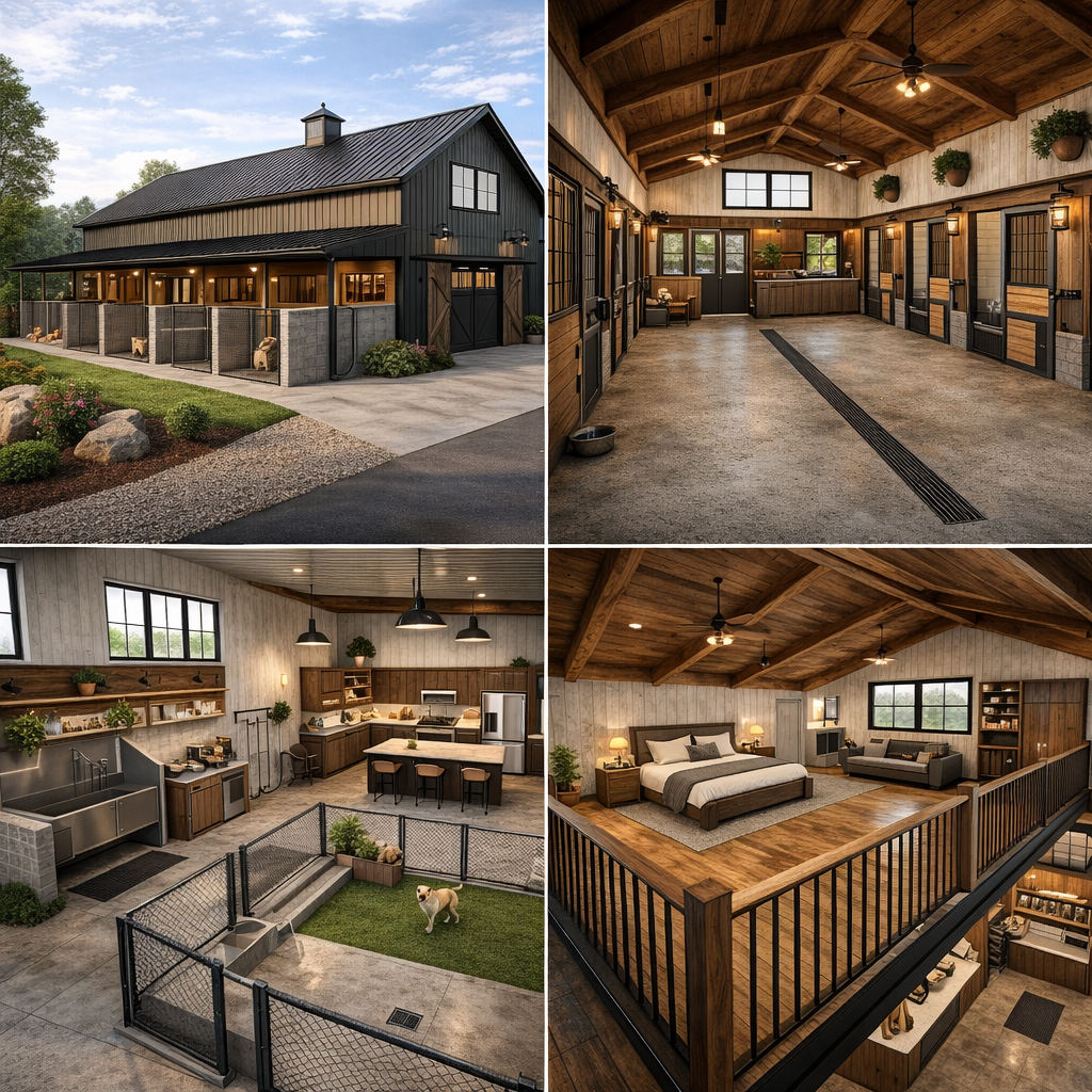 Luxury kennel barn with loft apartment render featuring dog grooming room, kennel office, dog wash station, and barn loft bedroom living space