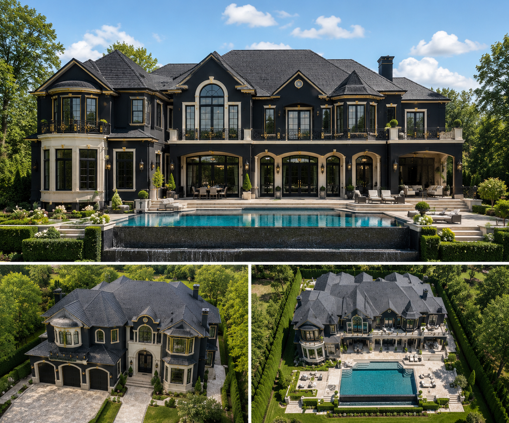 Luxurious mansion with a pool, surrounded by trees on a clear day. Magnolia Estate Manor luxury 7-bedroom conceptual mansion blueprint and estate planning system with floor plans, elevations, renderings, CAD files, and builder handoff tools.