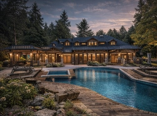 Modern Craftsman luxury home exterior at dusk with pool, spa, and outdoor living patio surrounded by trees.
