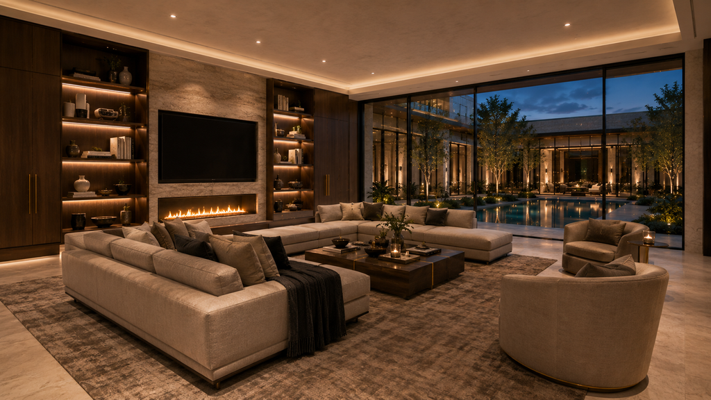 Modern living room with a large sectional sofa, coffee table, and wall-mounted TV. Reversed Helio Span House exterior rendering featuring mirrored luxury floor plan concept, royal blue siding, light stone walls, gold accents, modern estate front elevation, glass bridge, and symmetrical courtyard home design.