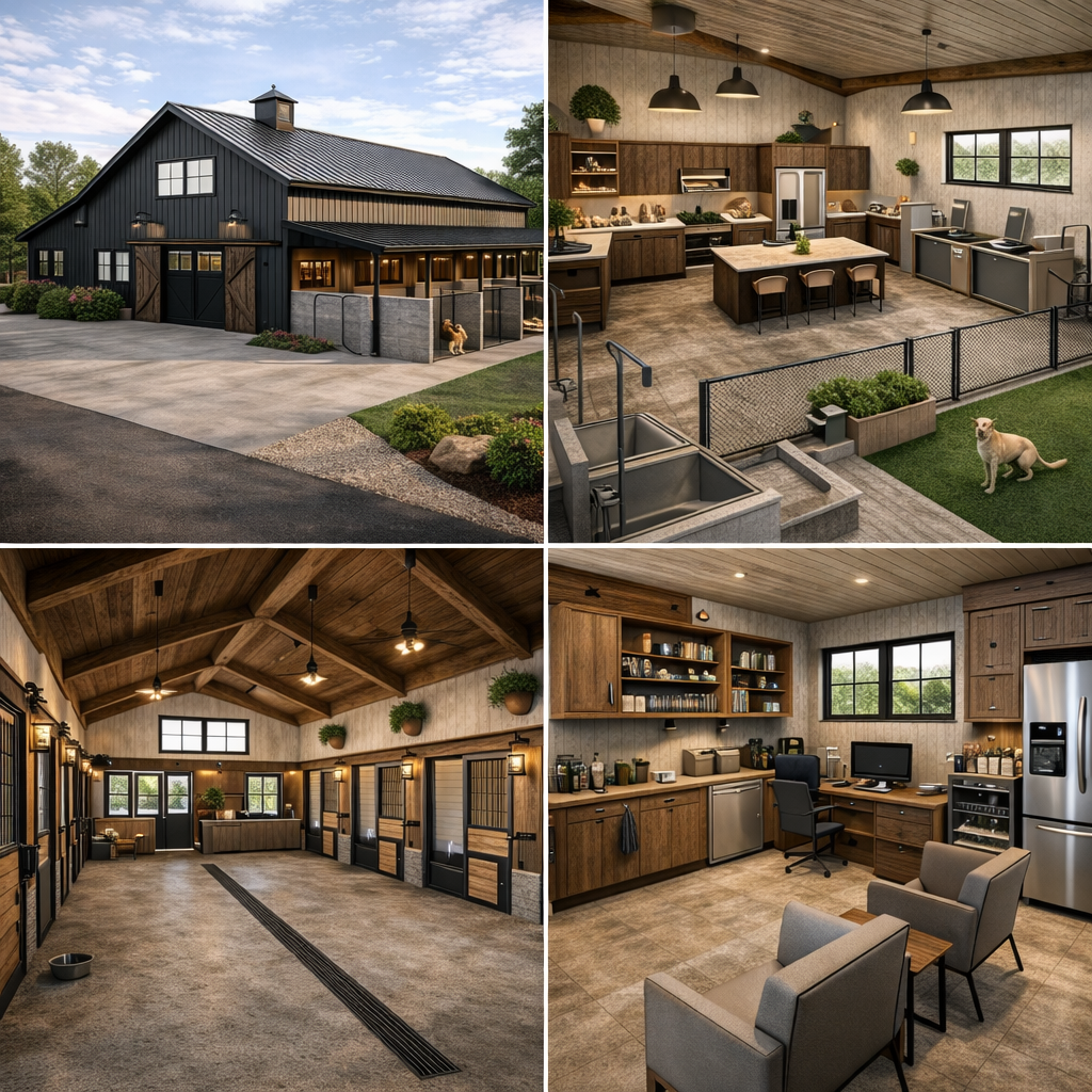Modern dog kennel barn exterior and interior render, luxury dog boarding facility design with grooming station, indoor kennels, and kennel office workspace