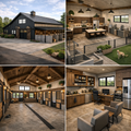 Modern dog kennel barn exterior and interior render, luxury dog boarding facility design with grooming station, indoor kennels, and kennel office workspace