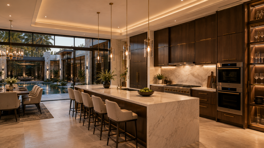 Modern kitchen with marble island, stainless steel appliances, and a view of a pool. Original Helio Span House kitchen and dining rendering showing luxury open-plan kitchen, large island, warm wood cabinetry, marble countertops, pendant lighting, courtyard pool view, and modern mansion interior design.
