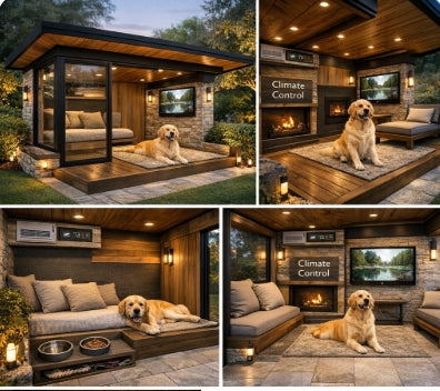 Modern luxury dog house design with full climate control, insulated outdoor dog kennel featuring sliding glass doors, electric fireplace, mini split HVAC system, raised dog bed platform, built-in feeding station, covered deck lounge area, contemporary backyard dog house for large breed dogs, high-end custom dog shelter blueprint, heated and air conditioned pet house design