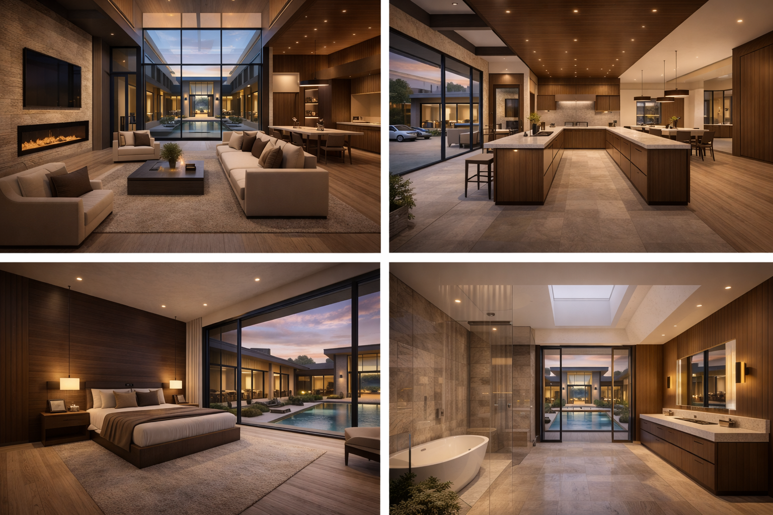 Modern luxury living room and kitchen with glass atrium view and warm wood finishes in courtyard house design.