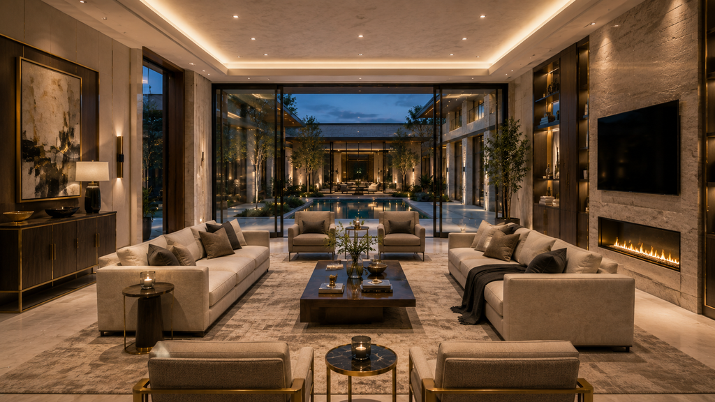Luxurious living room with modern furniture and a pool view. Reversed Helio Span House living room rendering featuring pool courtyard view, large glass doors, modern fireplace, built-in shelving, warm lighting, neutral luxury furniture, and elegant contemporary estate interiors.