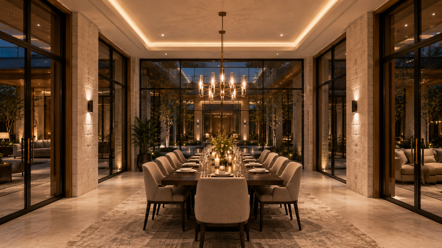 Luxurious dining room with large windows and modern decor