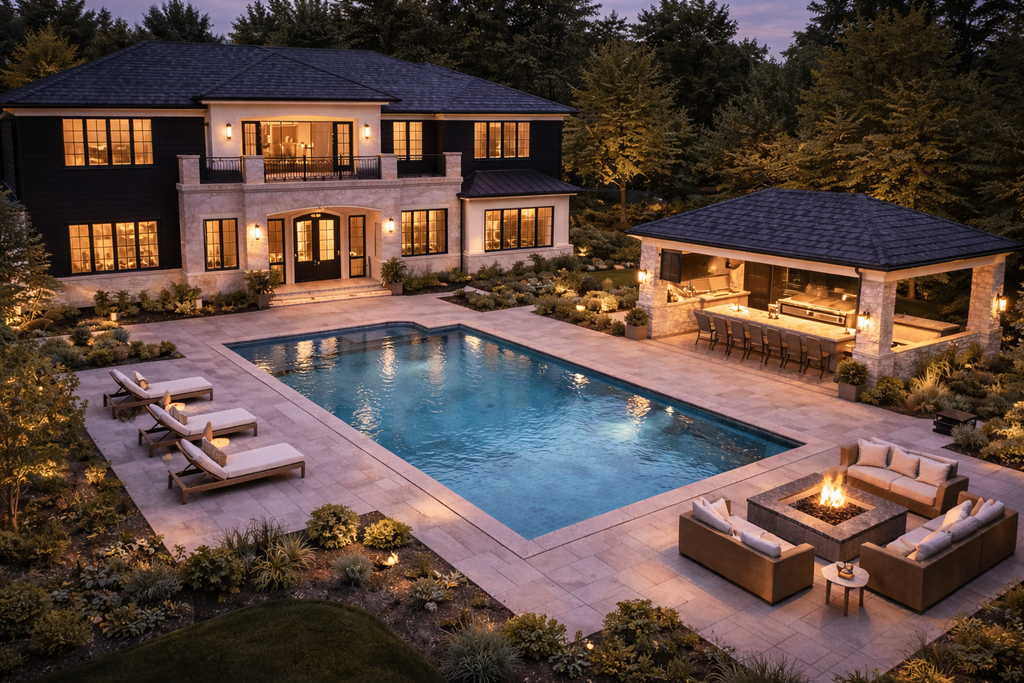 Luxury backyard of dark courtyard estate home with romantic outdoor lighting, elegant garden design, modern gothic architecture, and high-end custom home exterior inspiration
