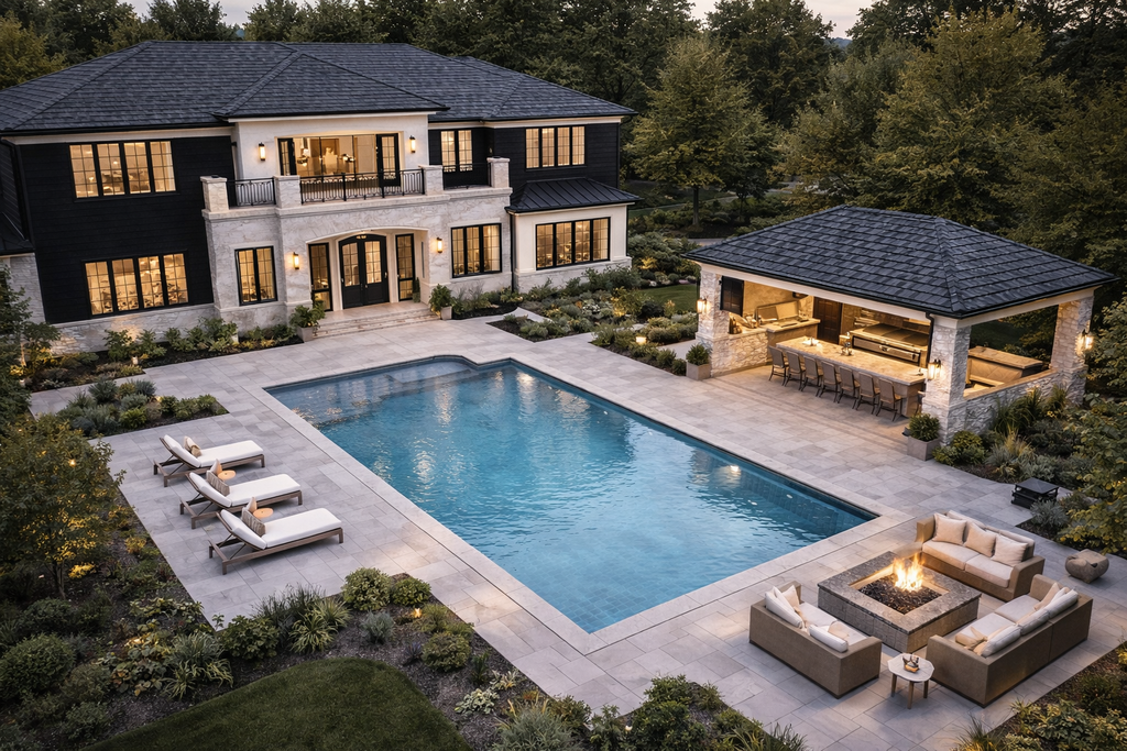 Rose Noir Estate backyard design featuring luxury outdoor living, dark exterior home architecture, elegant landscaping, private estate retreat, and custom backyard design inspiration