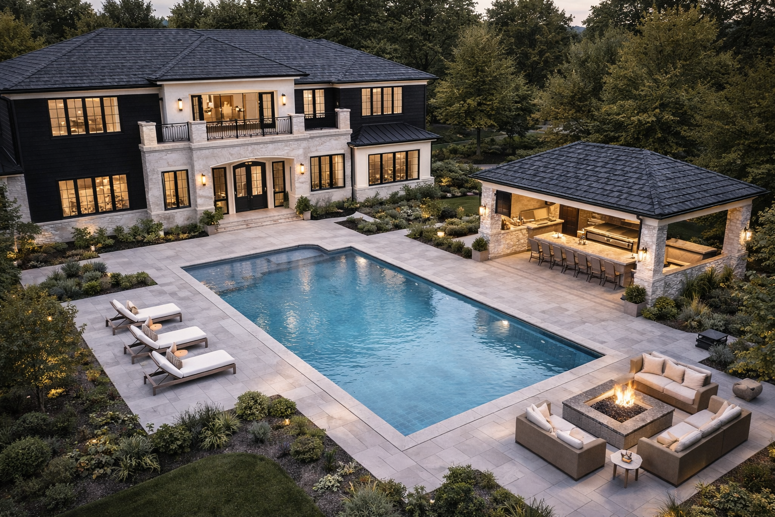 Rose Noir Estate backyard design featuring luxury outdoor living, dark exterior home architecture, elegant landscaping, private estate retreat, and custom backyard design inspiration